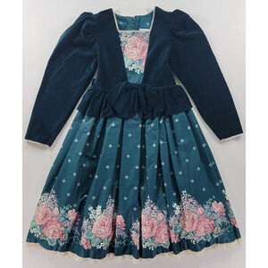 Vintage Daisy Kingdom Girls 12 Emerald Green Velvet Floral Dress Lace Trim Lined